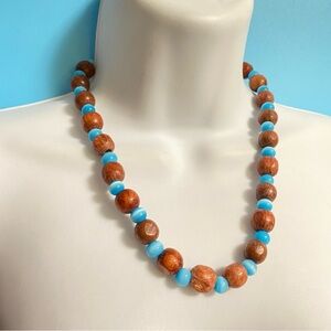 Vintage Beaded Necklace Wood & Blue Glass Necklace